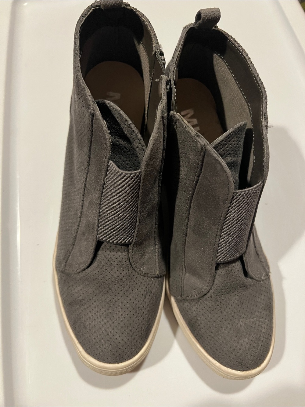MIA Gray Suede Slip-On Wedge Booties